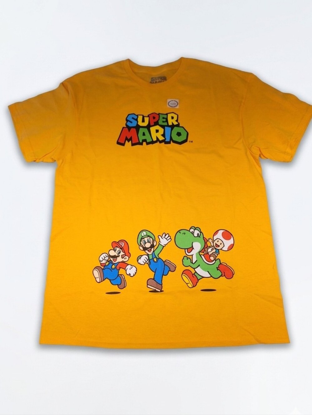 Nintendo Super Mario 100% Cotton Yellow Shirt Size L With Mario Luigi Yoshi Toad